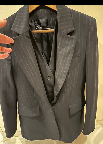 Gri  Çizgili Lacivert Kadın yelekli Blazer - Görsel 5