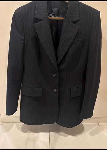 Gri  Çizgili Lacivert Kadın yelekli Blazer - Görsel 2