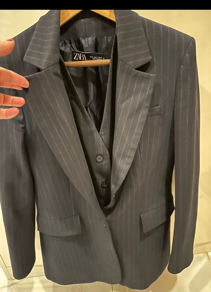 Gri  Çizgili Lacivert Kadın yelekli Blazer - Görsel 5