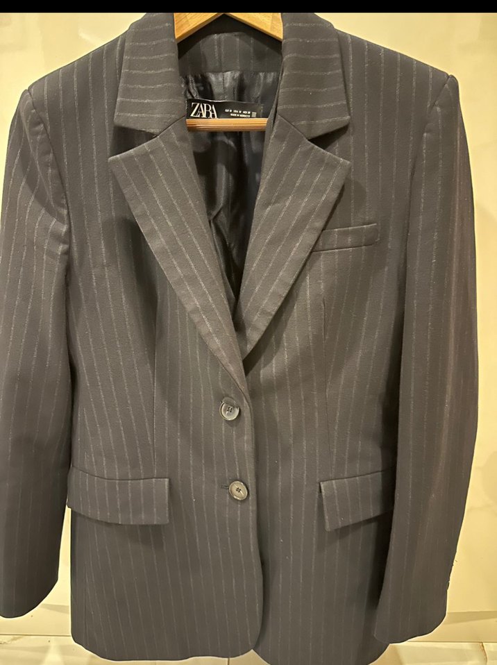 Gri  Çizgili Lacivert Kadın yelekli Blazer - Görsel 3