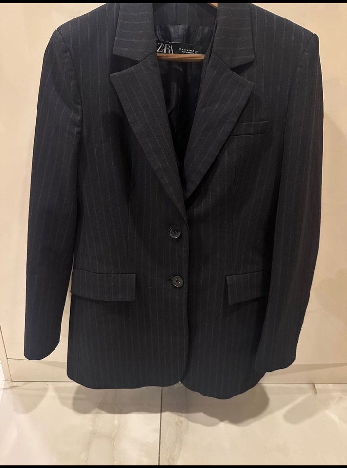 Gri  Çizgili Lacivert Kadın yelekli Blazer - Görsel 2