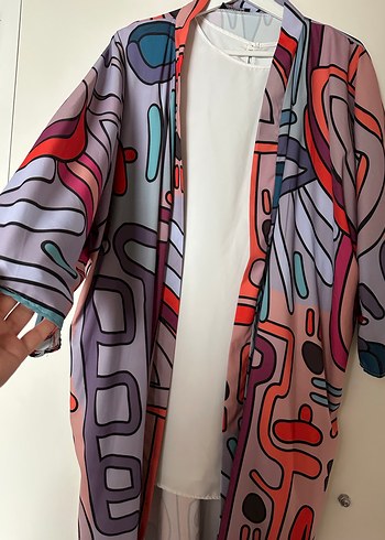 Uzun, Salaş Kesim, Renkli Desenli Kadın Kimono - Görsel 3