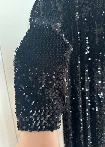 Uzun Kollu Siyah Payetli Uzun Abiye Elbise - Görsel 2