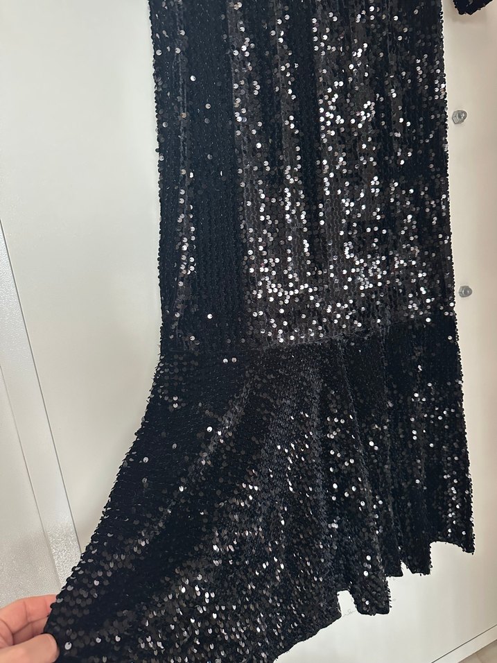 Uzun Kollu Siyah Payetli Uzun Abiye Elbise - Görsel 3