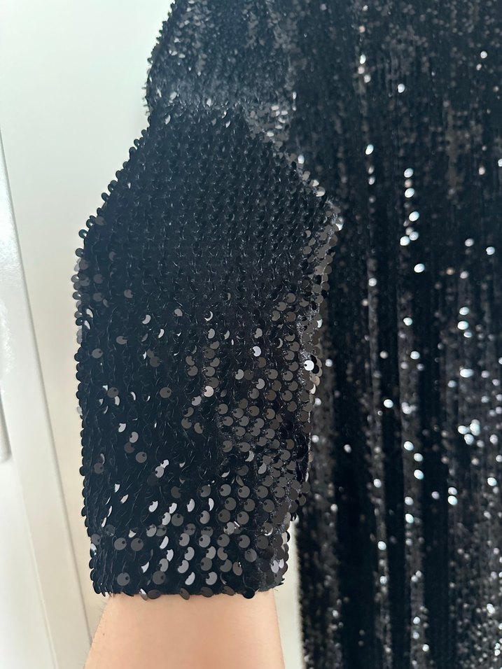 Uzun Kollu Siyah Payetli Uzun Abiye Elbise - Görsel 2