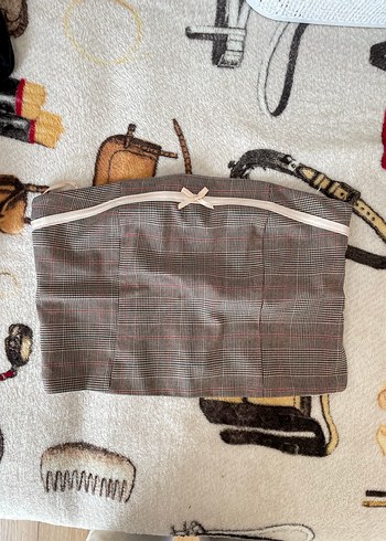 Bershka Straplez ekoseli coquette crop - Görsel 5