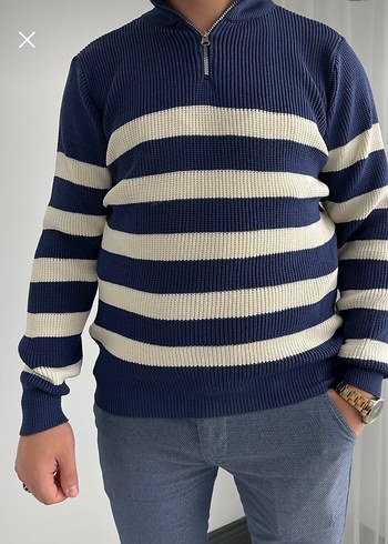 Çizgili Yarım Fermuarlı erkek Triko kazak - Görsel 2