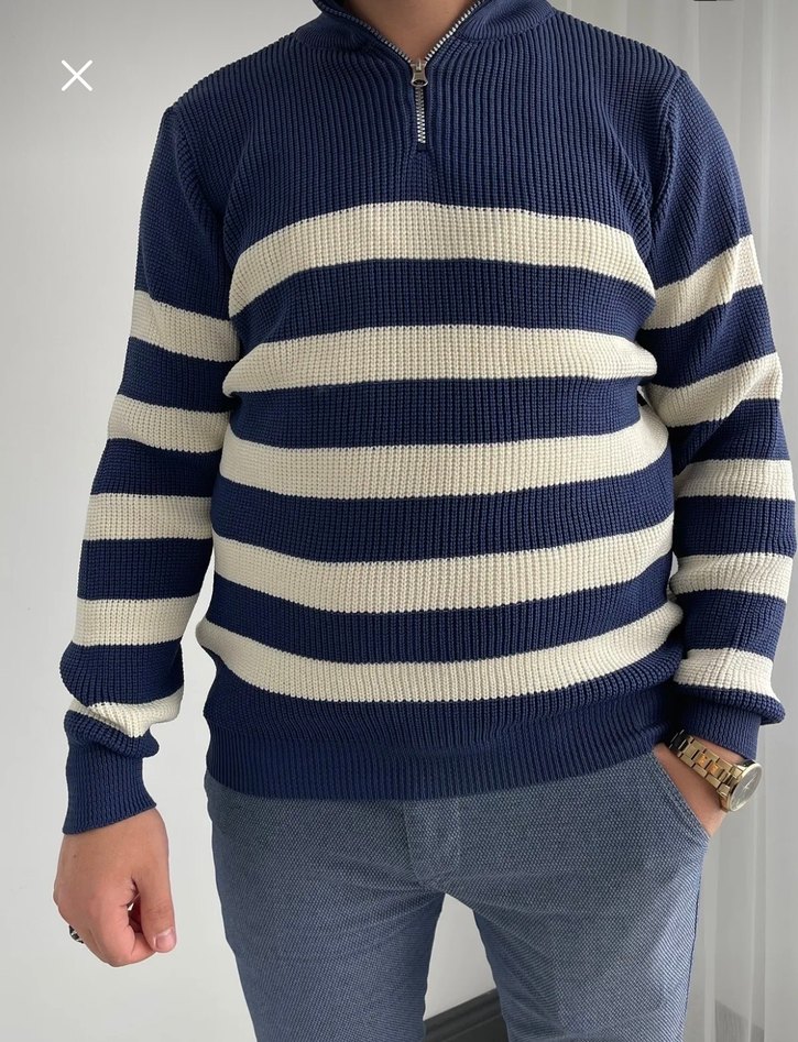 Çizgili Yarım Fermuarlı erkek Triko kazak - Görsel 2
