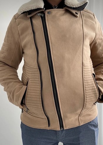 Bej Süet Biker erkek Ceket - Görsel 3