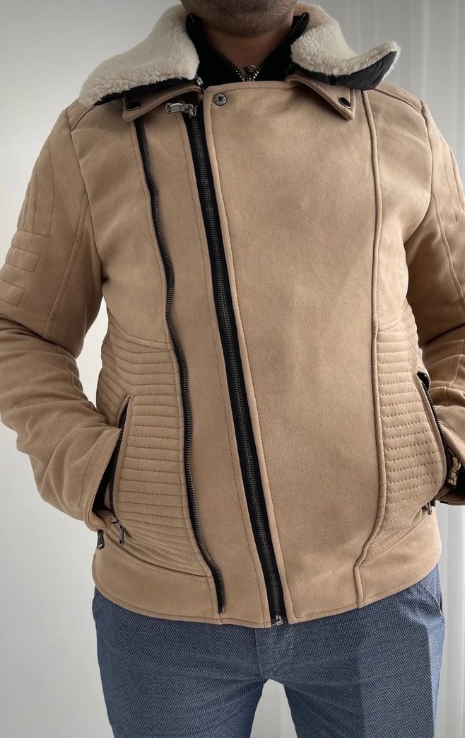 Bej Süet Biker erkek Ceket - Görsel 3