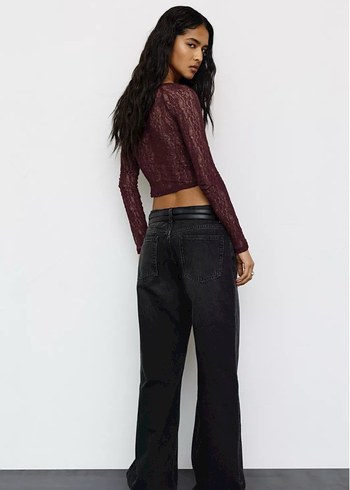 Bordo Dantelli V Yaka Dar Kesim Bluz - Görsel 2