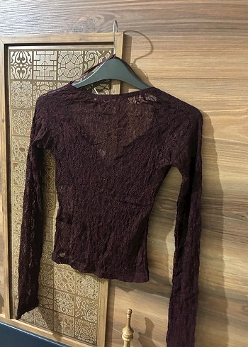 Bordo Dantelli V Yaka Dar Kesim Bluz - Görsel 4