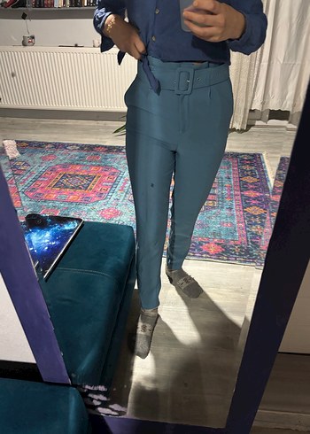 Kemer Detaylı Mavi Kadın Kumaş Pantolon - Görsel 2