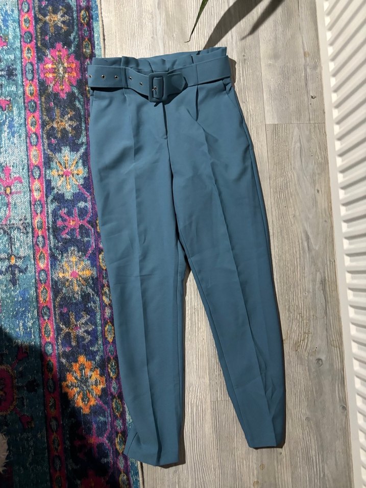 Kemer Detaylı Mavi Kadın Kumaş Pantolon - Görsel 3