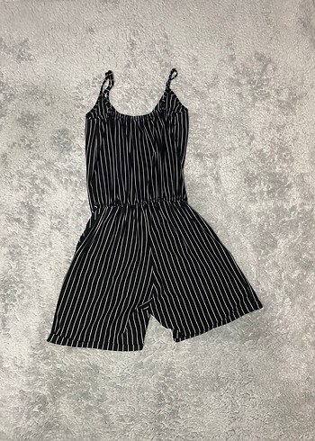 Siyah Çizgili Kadın Kısa Tulum - Görsel 2