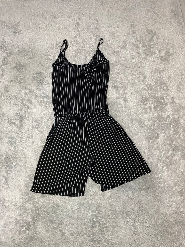 Siyah Çizgili Kadın Kısa Tulum - Görsel 2