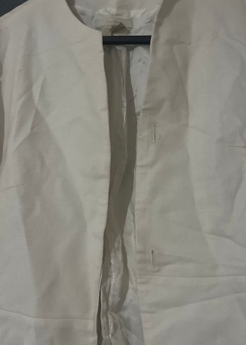 Düğmeli Beyaz Keten Kadın Blazer Ceket - Görsel 2