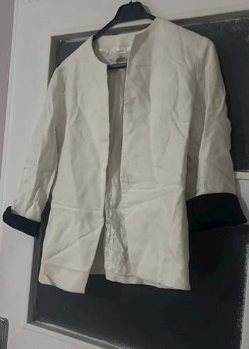 Düğmeli Beyaz Keten Kadın Blazer Ceket - Görsel 3