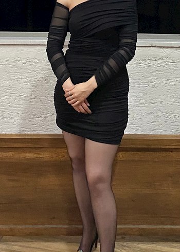 Siyah Drapeli Mini Elbise - Görsel 3