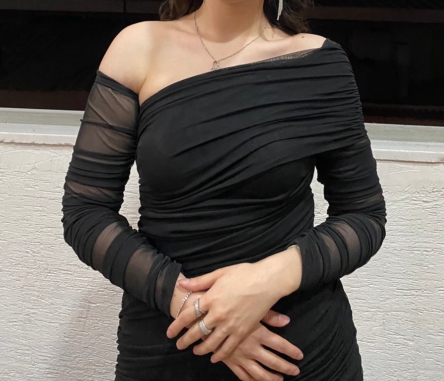 Siyah Drapeli Mini Elbise - Görsel 2