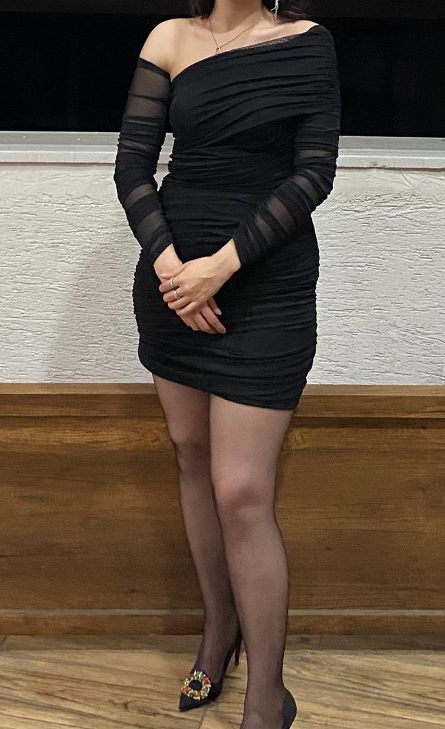 Siyah Drapeli Mini Elbise - Görsel 3