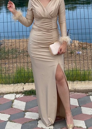 Bej Drapeli Uzun Abiye Elbise - Görsel 3