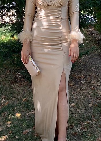 Bej Drapeli Uzun Abiye Elbise - Görsel 2