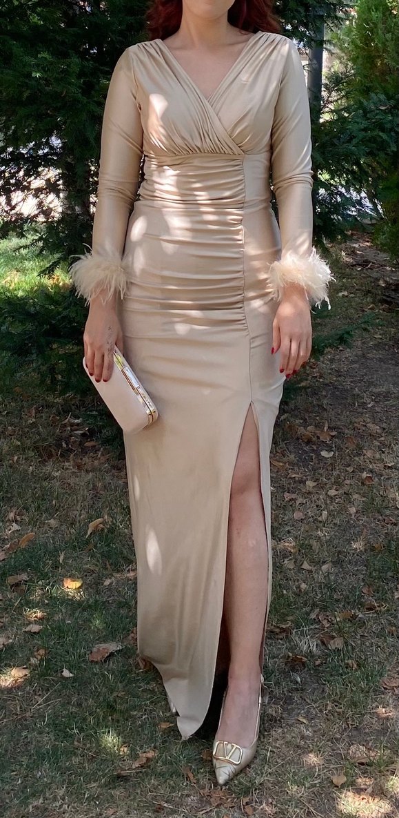 Bej Drapeli Uzun Abiye Elbise - Görsel 2