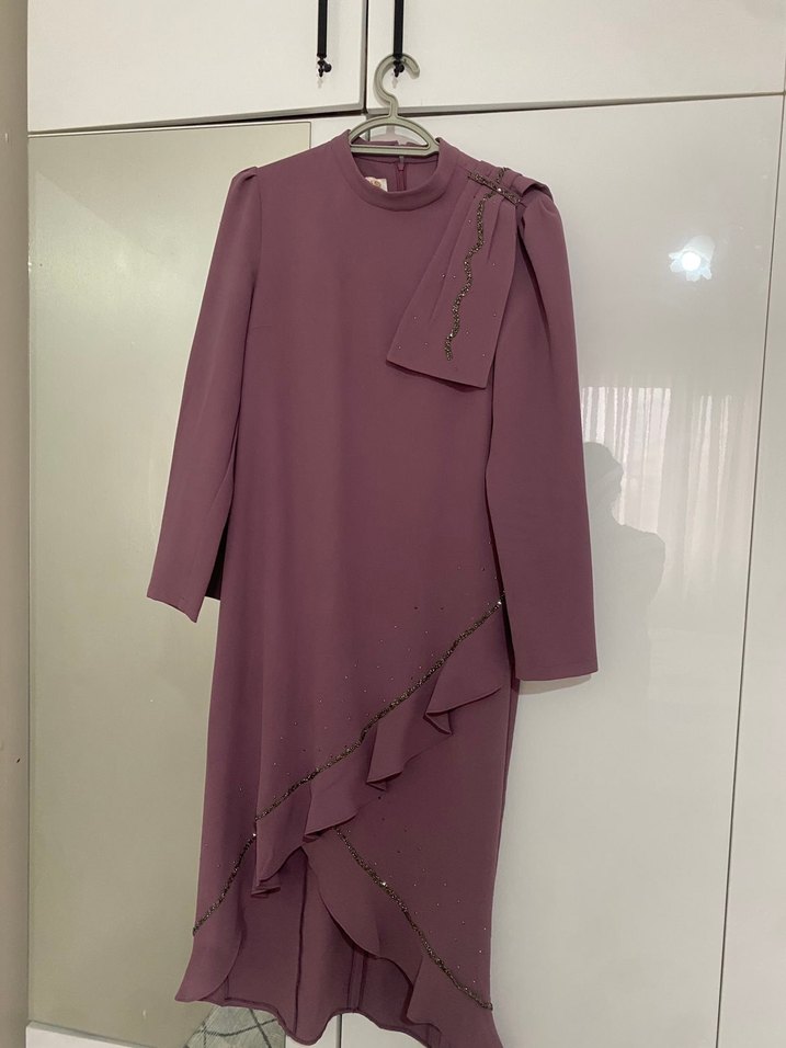 Mor Drapeli Uzun Kadın Takım taşlı - Görsel 2