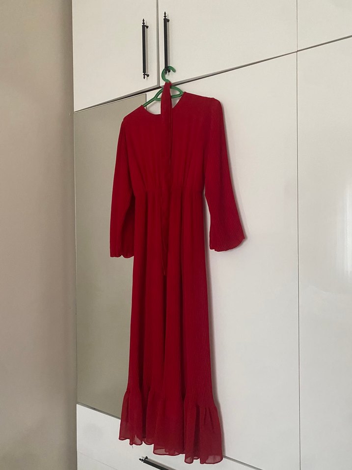 Kadın Kırmızı Uzun Pilili Bohem Elbise - Görsel 2