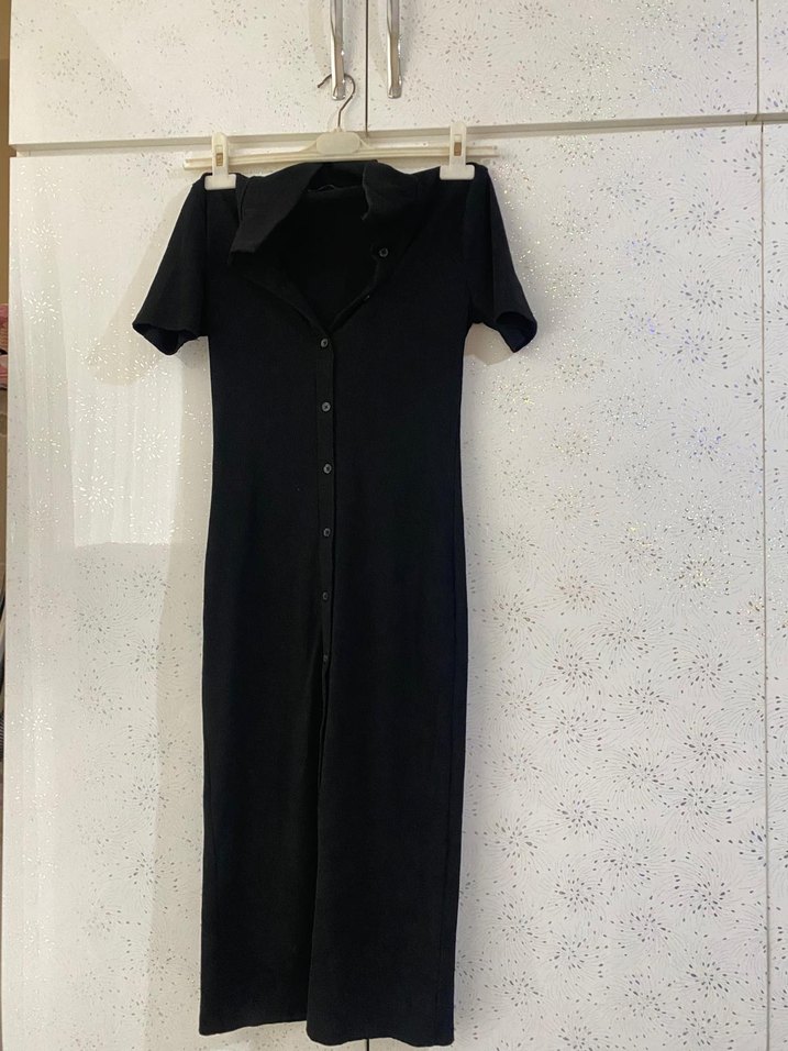 Düğmeli Siyah Uzun Kadın Elbise - Görsel 2