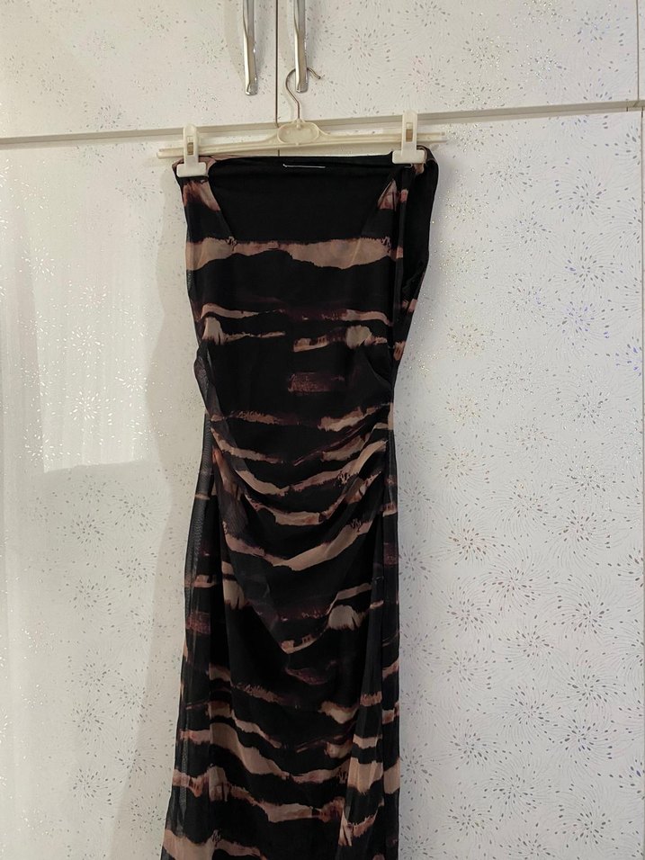 Kadın Kahverengi  Uzun Drapeli Elbise - Görsel 3