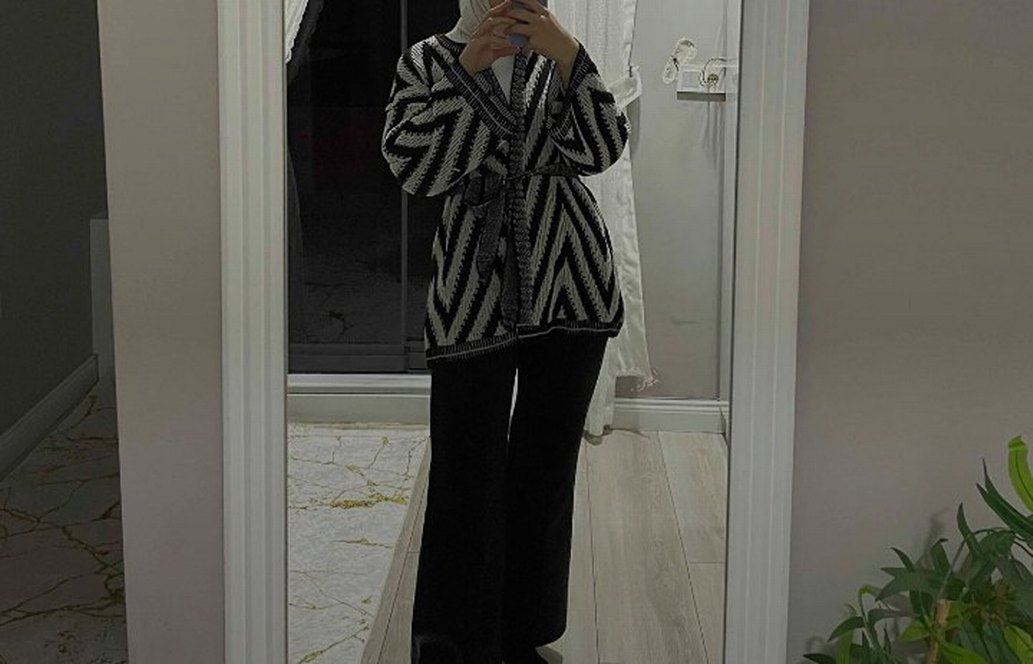 Gri Zebra Desenli Örgü Kadın Uzun Hırka - Görsel 2