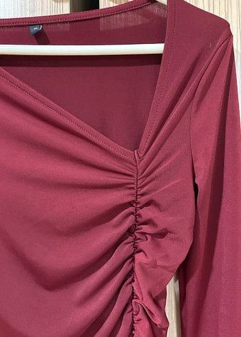 Bordo Drapeli Uzun Kollu Uzun Yırtmaçlı Elbise - Görsel 3