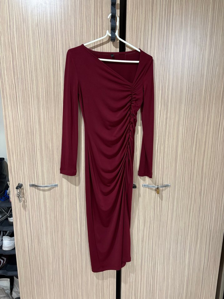 Bordo Drapeli Uzun Kollu Uzun Yırtmaçlı Elbise - Görsel 2