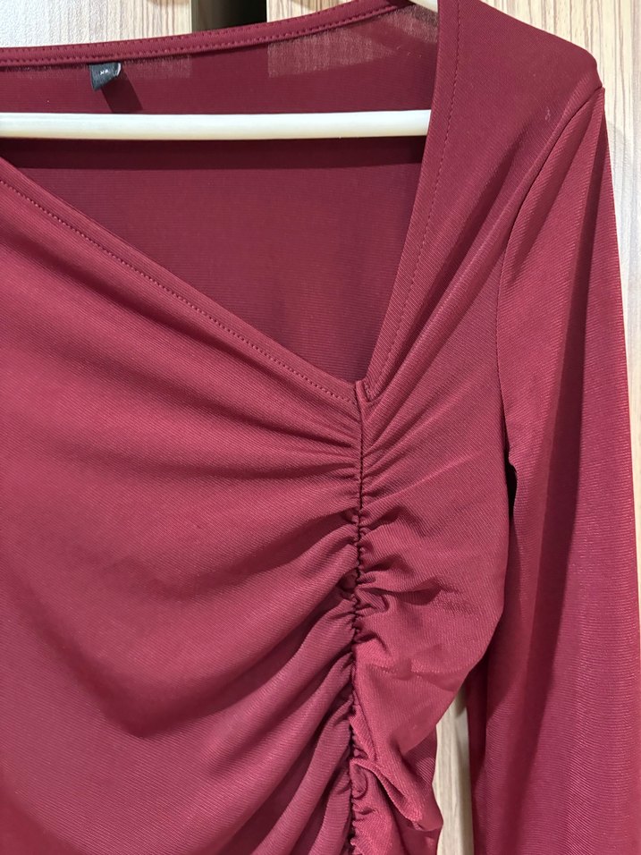 Bordo Drapeli Uzun Kollu Uzun Yırtmaçlı Elbise - Görsel 3