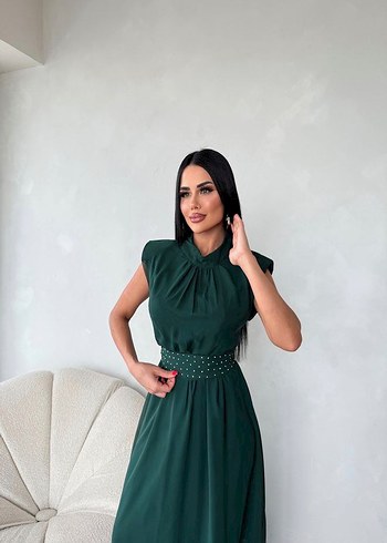 Yeşil Drapeli Uzun Klasik Elbise - Görsel 2