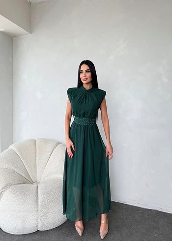 Yeşil Drapeli Uzun Klasik Elbise - Görsel 3