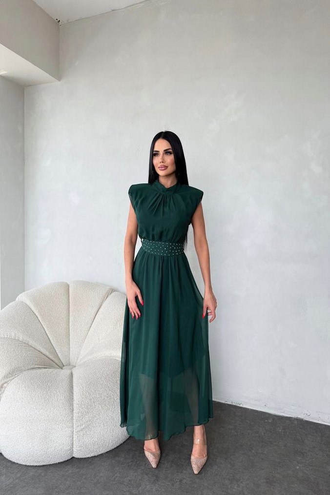 Yeşil Drapeli Uzun Klasik Elbise - Görsel 3