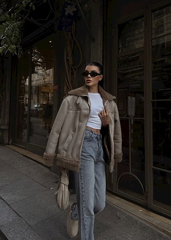 Kürklü Bej Kadın Ceket - Görsel 2