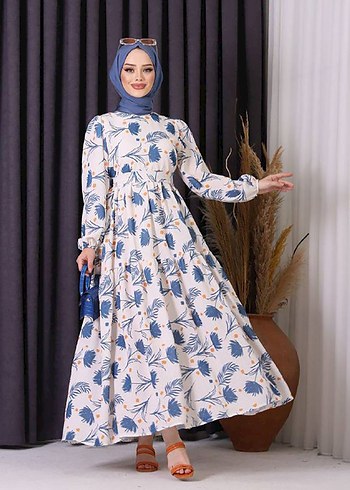 Mavi Desenli Uzun Salaş Keten Elbise - Görsel 2