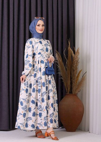 Mavi Desenli Uzun Salaş Keten Elbise - Görsel 3