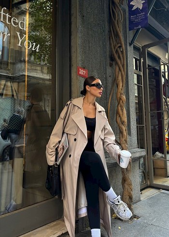 Kadın Bej Uzun Trençkot - Görsel 5