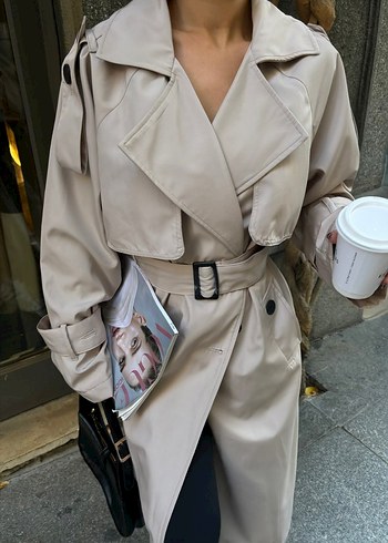 Kadın Bej Uzun Trençkot - Görsel 3