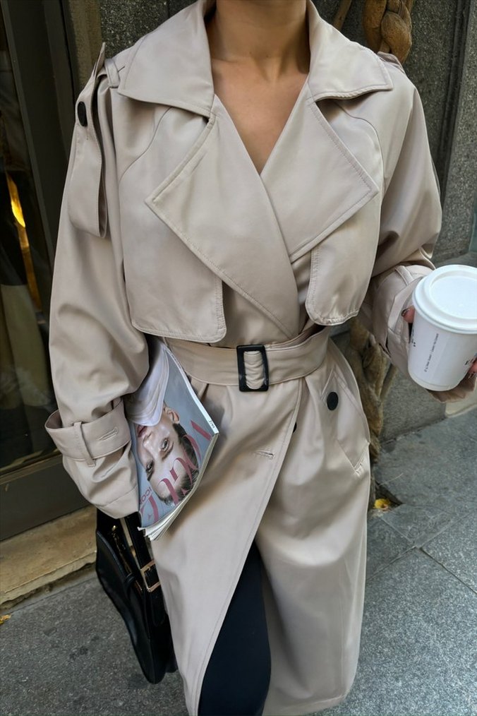 Kadın Bej Uzun Trençkot - Görsel 3
