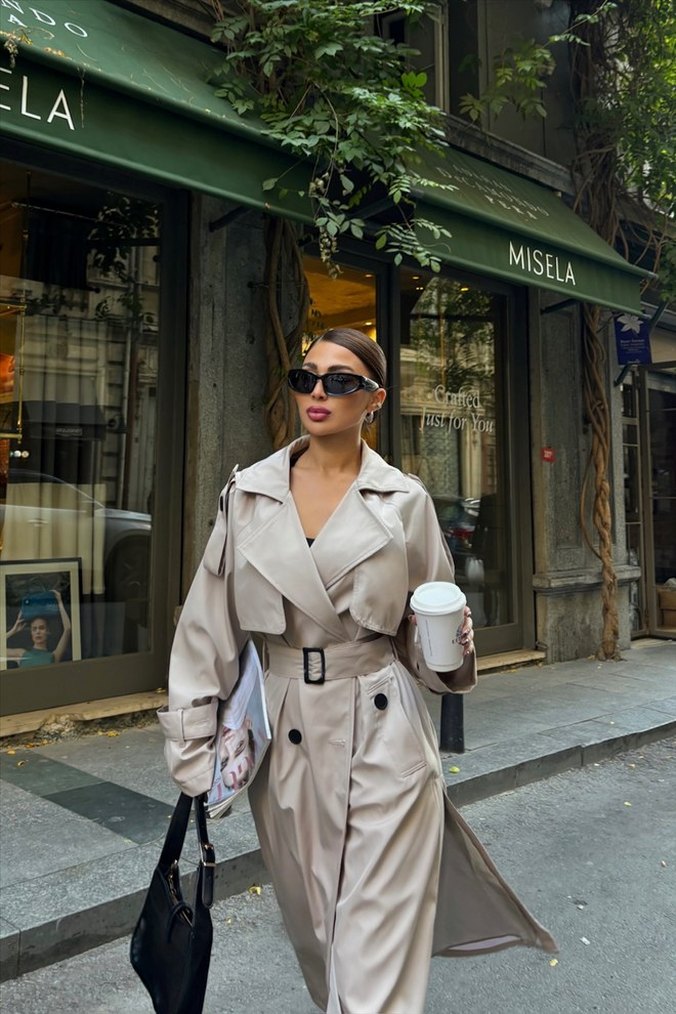 Kadın Bej Uzun Trençkot - Görsel 2