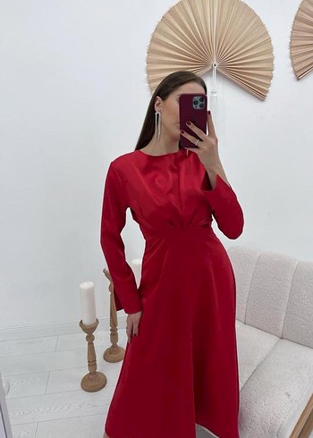 Parlak Kırmızı Saten Uzun Elbise - Görsel 3