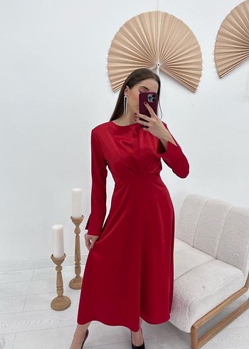 Parlak Kırmızı Saten Uzun Elbise - Görsel 2