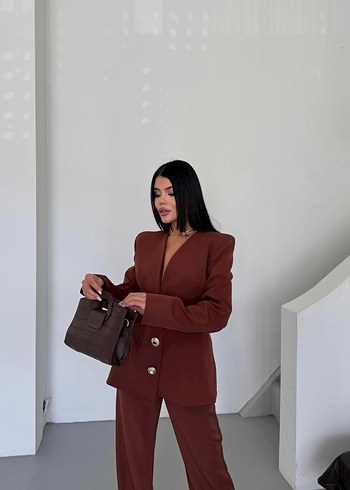 Kahverengi Kadın Uzun Ceketli Takım - Görsel 7