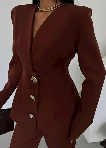 Kahverengi Kadın Uzun Ceketli Takım - Görsel 5